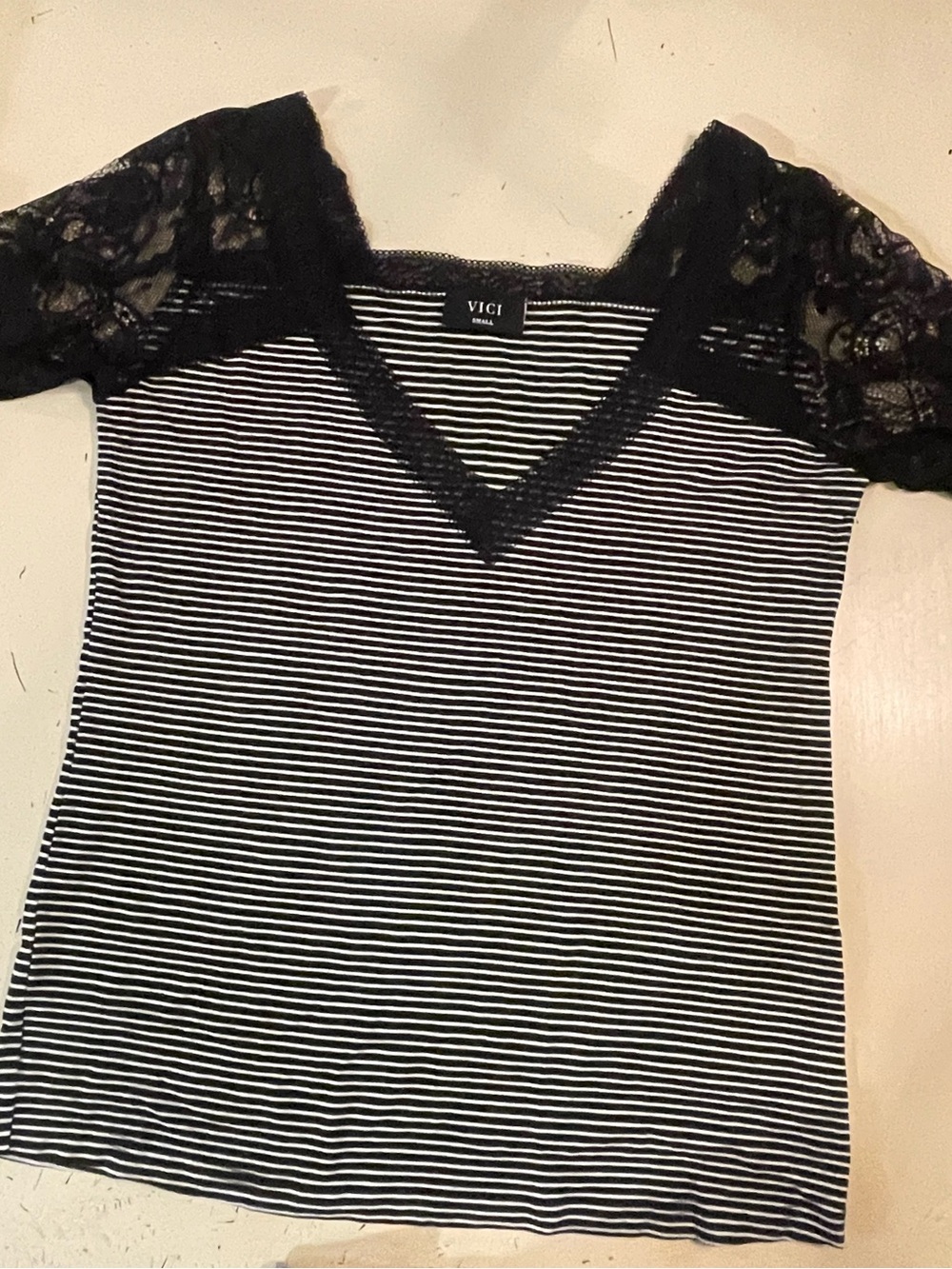 VICI Black & White Striped V-Neck Lace Sleeve Top